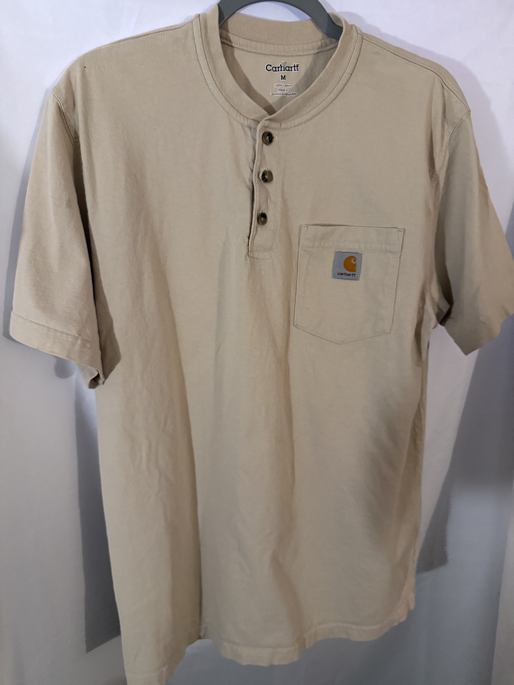 Carhartt Henley Men's T-Shirt Tan Size M Short Sleeve Pocket Heavyweight Cotton